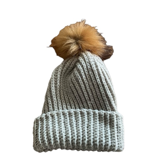 Hand crafted Unisex Beanie Hat  adult size Crochet ribbed with faux fur pompom - Picture 2 of 4